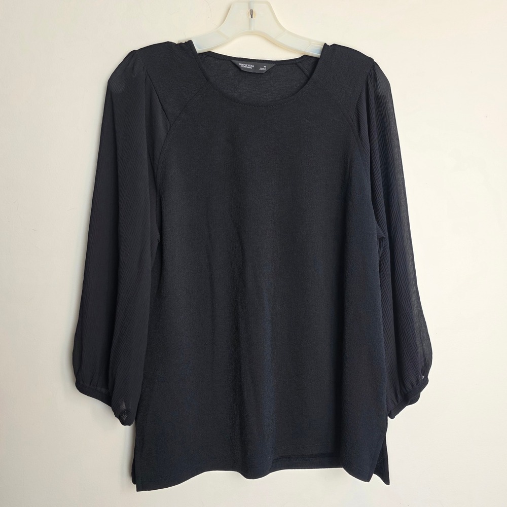 Simply Vera Black Blouse Sheer Pleated Balloon Sleeve Top Womens‎ Medium Fairy